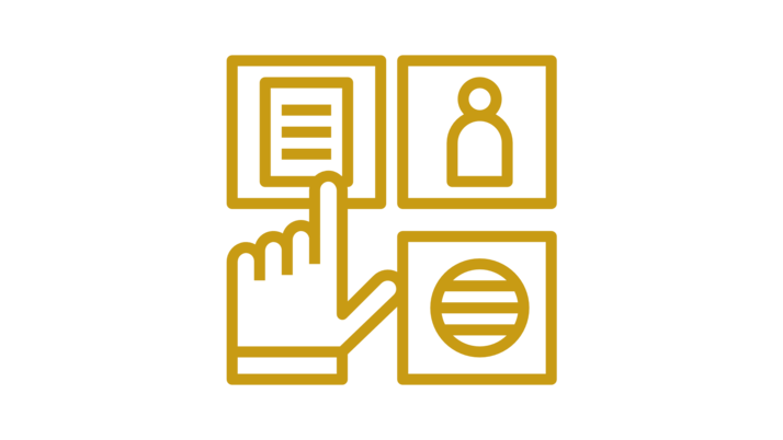 Simplified graphic representation of a pointer cursor and around it three squares with a written page, a person and a globe.