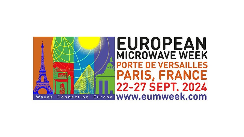 Logo der European Microwave Week 2024, die vom 22. bis 27. September in Paris, Frankreich, stattfindet. Es enthält den Eiffelturm und andere bekannte Wahrzeichen, sowie die Webseite www.eumweek.com.