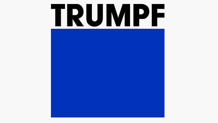 "TRUMPF” logo in large, bold letters. Below the text is a large, single-colored rectangle in blue. 