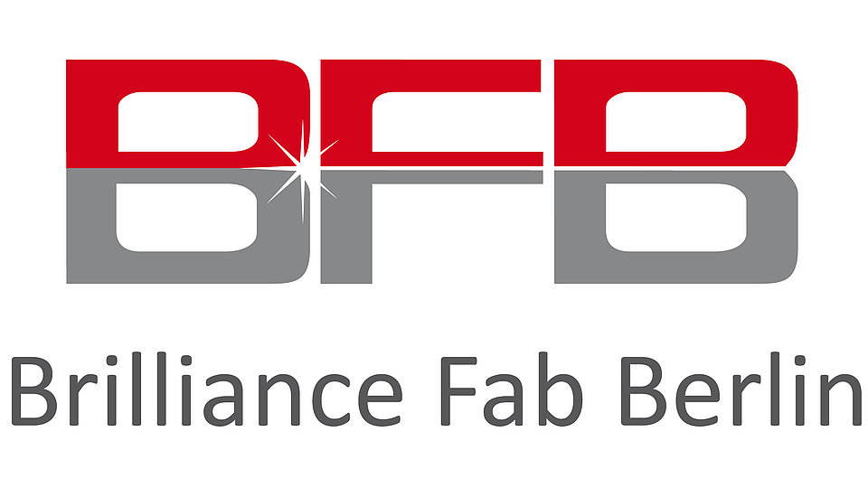 Logo von Brilliance Fab Berlin: Die Buchstaben "BFB" sind in rot und grau gestaltet, wobei "B" und "F" rot und "B" grau sind. Unter dem Logo steht der Schriftzug "Brilliance Fab Berlin".
