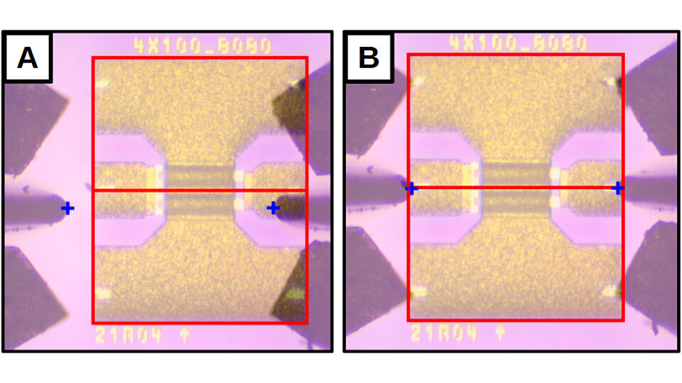Bild zeigt zwei mikroskopische Ansichten: links (A) und rechts (B) eines gleichen Objekts, umrahmt von roten Rechtecken. Im Zentrum der Objekte sind markierte Punkte, die auf Details der Struktur hinweisen. Die Ansichten sind groß und zeigen feine Details der Oberfläche.