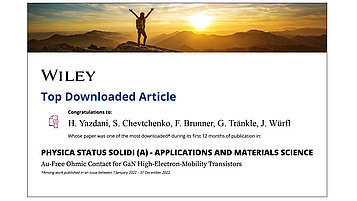 The image shows the certificate honoring the publication "Au-Free Ohmic Contact for GaN High-Electron-Mobility Transistors" as one of the most downloaded of the journal physica status solidi (a) - applications and materials science.