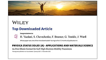 Urkunde, die die Publikation "Au-Free Ohmic Contact for GaN High-Electron-Mobility Transistors" als eine der am meisten heruntergeladenen im Journa lphysica status solidi (a) - applications and materials science würdigt.