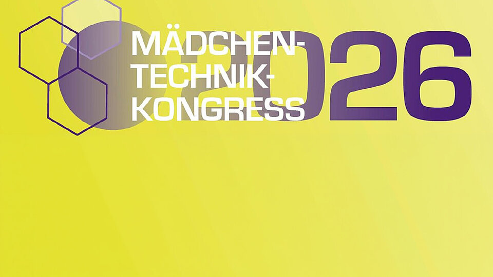 Logo des Mädchentagung Technik-Kongresses 2026 vor einem gelben Hintergrund.