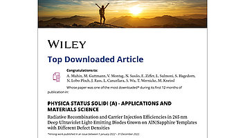 The image shows a certificate honoring the publication "Radiative Recombination and Carrier Injection Efficiencies in 265 nm Deep Ultraviolet Light-Emitting Diodes Grown on AlN/Sapphire Templates with Different Defect Densities" as one of the top downloads from the journal physica status solidi (a) - applications and materials science ehrt.