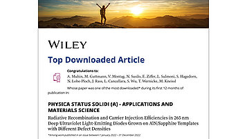 The image shows a certificate honoring the publication "Radiative Recombination and Carrier Injection Efficiencies in 265 nm Deep Ultraviolet Light-Emitting Diodes Grown on AlN/Sapphire Templates with Different Defect Densities" as one of the top downloads from the journal physica status solidi (a) - applications and materials science ehrt.