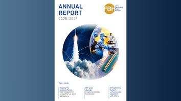 Cover of the FBH Annual Report 2025|2026, featuring topics such as quantum-based research, space strategy, and support for the European semiconductor ecosystem. Illustrations depict a rocket, research laboratories, and technological developments.