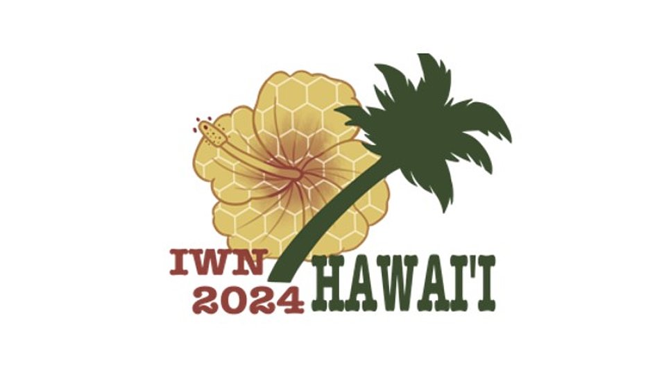Logo for the IWN 2024 event featuring a stylized hibiscus flower and a palm tree. The text reads "IWN 2024 HAWAI'I".
