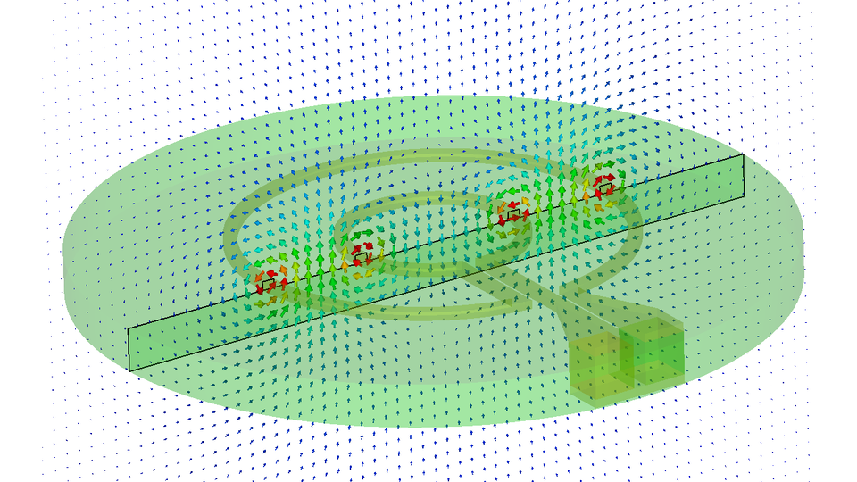 Zwei gegenläufige Leiterschleifen mit unterschiedlichem Radius in einer Ebene auf einem Dielektrikum. Die Struktur wird durch Antastflächen angeregt. Durch die Leiterschleifen fließt dabei der gleiche Strom, der ein Magnetfeld anregt. Das resultierende Magnetfeld ist als Vektorplot dargestellt. Die Farben korrespondieren zum Betrag des Magnetfeldes. Rot bedeutet hohe Feldstärke, blau bedeutet niedrige Feldstärke.