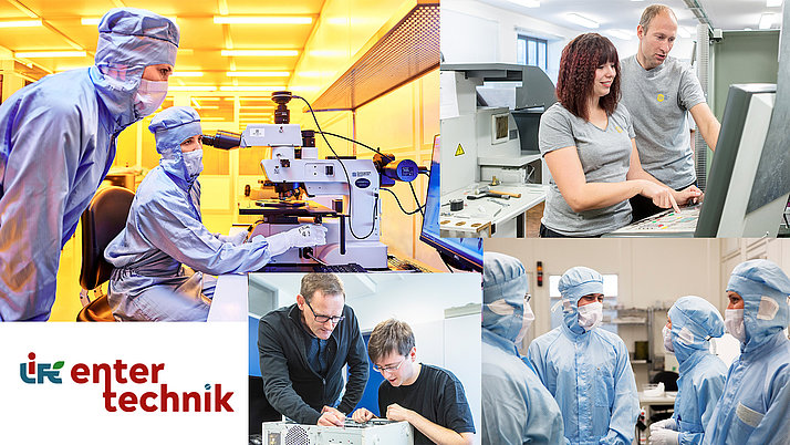 Collage aus Bildern, die die Bereiche zeigt, in denen junge Frauen ihr einjähriges Praktium im Rahmen des EnterTechnik-Programms absolvieren können: Mikrotechnologie, feinmechanische Werkstatt, IT.