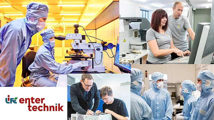 Collage aus Bildern, die die Bereiche zeigt, in denen junge Frauen ihr einjähriges Praktium im Rahmen des EnterTechnik-Programms absolvieren können: Mikrotechnologie, feinmechanische Werkstatt, IT.