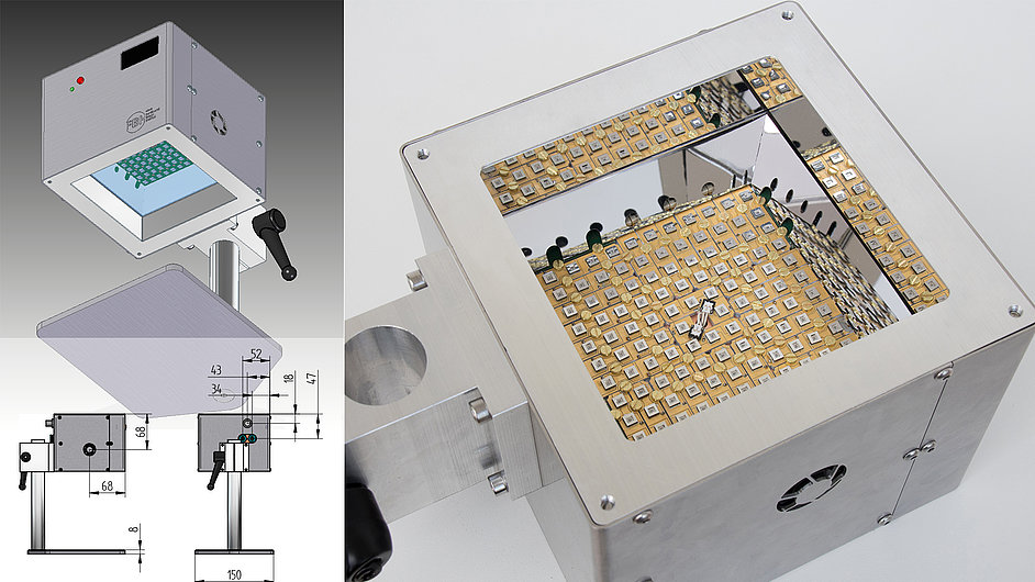 A technical device with a rectangular metal box equipped with an upper glass surface showing an arrangement of small square components. The box contains reflective surfaces and has control elements on one side.