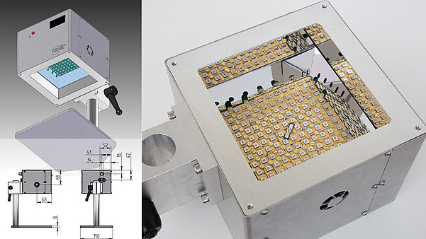 Metal cube-shaped prototype with 120 UV LEDs for irradiating the skin.