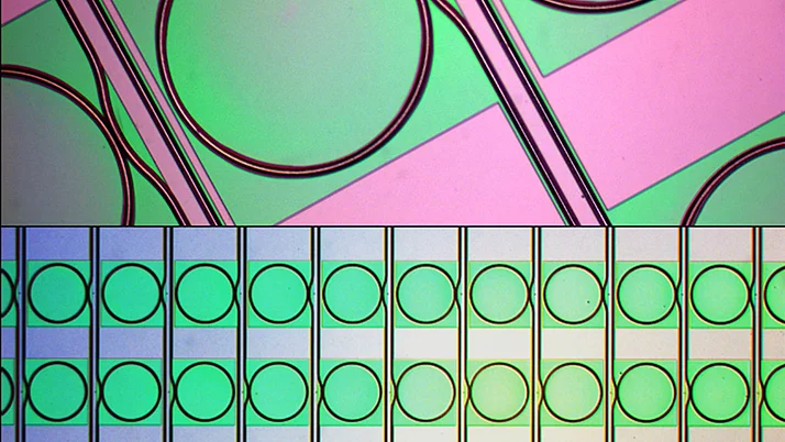 Abstrakte Komposition mit mehreren Übereinanderliegenden Kreisen in verschiedenen Farben, darunter grün und pink. Die obere Hälfte hat ein diagonales Muster, während die untere Hälfte eine Reihe von gleichmäßig angeordneten, transparenten Kreisen aufzeigt.