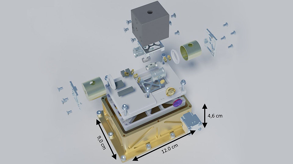 Fig. 3: Exploded CAD rendering of the miniaturized two-photon reference (current status of planning).