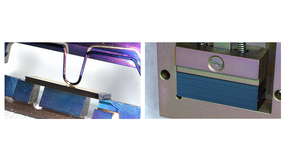 Side-by-side view of stacked laser bars: left, laser bars held by metal clamps in an ultra-high vacuum setup; right, laser bars compressed inside a metal fixture after hydrogen cleaning.