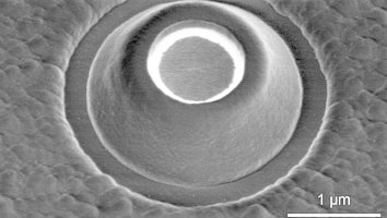 Image of a single UV micro-LED through the scanning electron microscope. The LED has a diameter of only 1.5 micrometers.