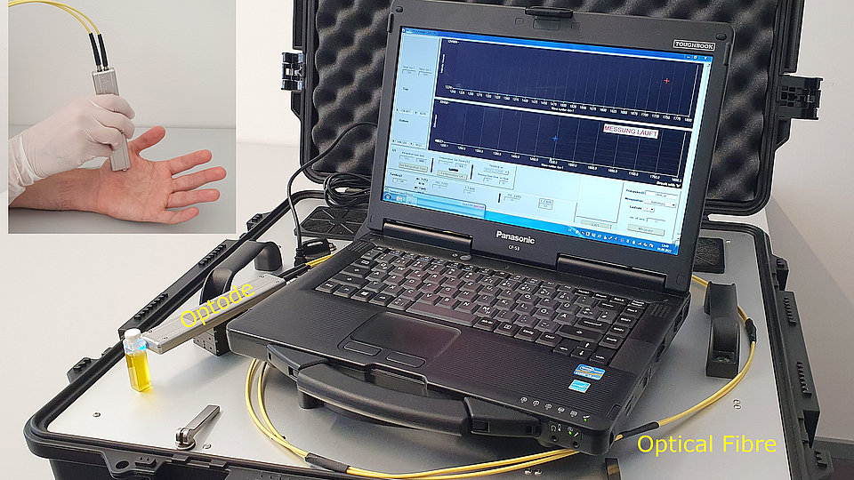 The Raman system laptop with the measurements can be seen. At the top left is the sensor used on a palm. 