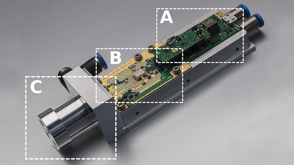 Fig. 1: Photo showing the plasma source (µPQ) divided into three main sections: control unit (A), microwave power oscillator (B) and resonator (C).