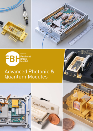 The image shows various modules from photonics and quantum technologies in a structured format. The focus is on the complex modules depicted in the upper and lower areas, as well as the logo of the Ferdinand Braun Institute and the title “Advanced Photonic & Quantum Modules.”