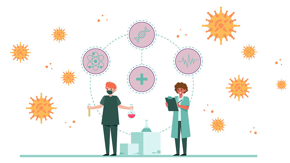 Illustration Leibniz Lab Pandemic Preparedness Two scientists in lab coats are standing in a laboratory in this illustration. The scientist on the left is holding test tubes containing liquids, while the scientist on the right is taking notes. Symbols representing science and health are floating around them. Virus depictions can be seen in the background.