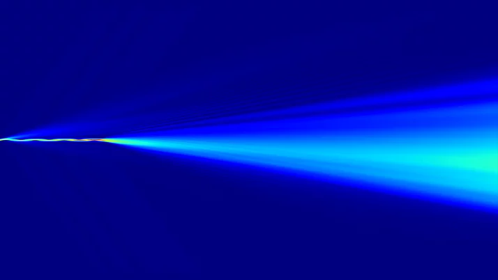 Abstraktes Bild mit einem tiefblauen Hintergrund, auf dem ein heller Lichtstrahl in sanften Blautönen von der Mitte nach rechts außen strahlt.