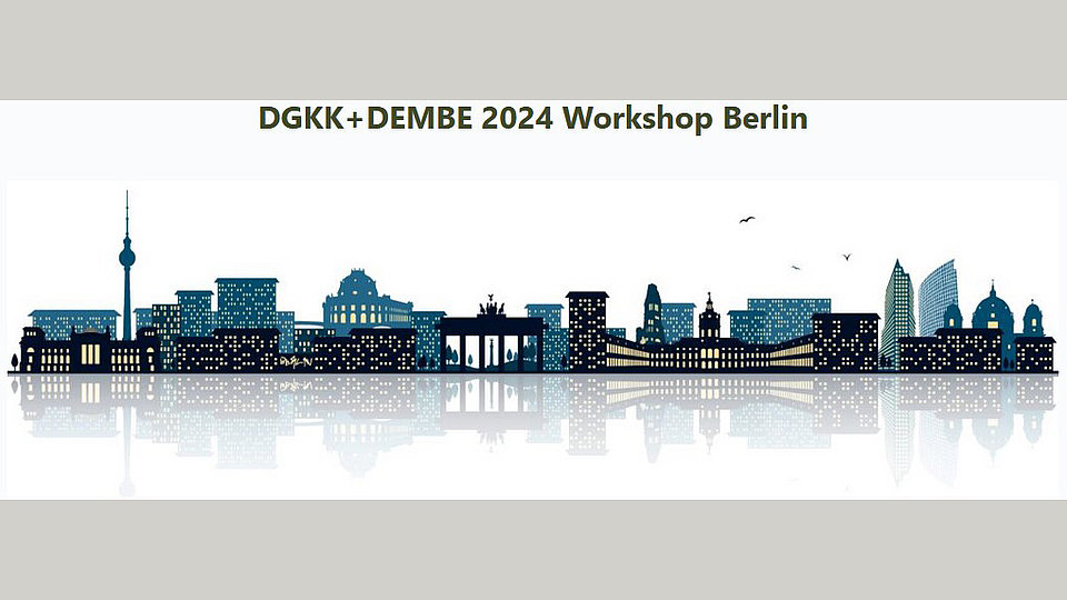 Silhouette der Berliner Stadtlandschaft mit markanten Gebäuden und Wahrzeichen. Der Text "DGKK+DEMBE 2024 Workshop Berlin" steht darüber.