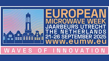 Banner für die "European Microwave Week" 2025 in Utrecht, Niederlande. Es zeigt stilisierte Gebäude, das Datum 21-26 September 2025 und den Slogan "Waves of Innovation".