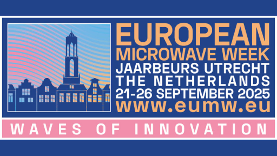 Banner für die "European Microwave Week" 2025 in Utrecht, Niederlande. Es zeigt stilisierte Gebäude, das Datum 21-26 September 2025 und den Slogan "Waves of Innovation".