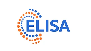 Logo von ELISA mit dem Text "ELISA" in blauer Schrift und einem grafischen Element aus orangefarbenen und blauen Punkten.