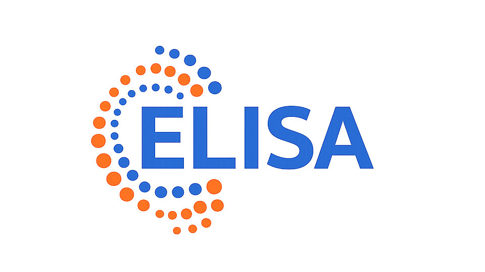 Logo von ELISA mit dem Text "ELISA" in blauer Schrift und einem grafischen Element aus orangefarbenen und blauen Punkten.