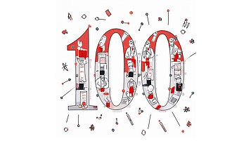 Eine Illustration der Zahl „100“, umgeben von verschiedenen medizinischen und wissenschaftlichen Symbolen sowie Abbildungen von Fachleuten. 