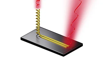 Grafische Darstellung einer helixförmigen Antenne, die spiralförmig auf einem schwarzen Untergrund angeordnet ist. Rote Wellen symbolisieren die Emission.