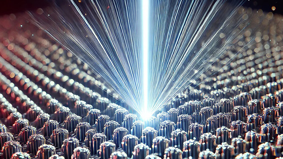 Lichtstrahl, der aus einer Quelle austritt und auf viele kleine zylindrische Metallstrukturen trifft, die dicht nebeneinander angeordnet sind.