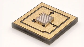 Das Bild zeigt einen mikroelektronischen Chip auf einem rechteckigen Trägermaterial. Der Chip hat eine goldene Oberfläche mit einem zentralen, kleineren Element, das in einem Quadrat angeordnet ist. Die Struktur besteht aus feinen Linien und Mustern, die für elektronische Anwendungen typisch sind.