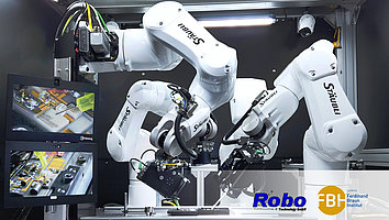 Microbot system with multiple robot arms assembling a complex photonic module including lasers and lenses with highest accuracy.
