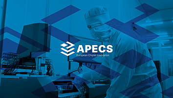 Laboratory environment with a technician in protective clothing working at advanced semiconductor equipment. The "APECS" logo and tagline "European Chiplet Innovation" are prominently displayed, with a blue geometric overlay design. 
