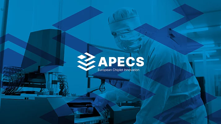 Laboratory environment with a technician in protective clothing working at advanced semiconductor equipment. The "APECS" logo and tagline "European Chiplet Innovation" are prominently displayed, with a blue geometric overlay design. 