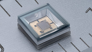 Makroaufnahme einer Fern-UV-LED in einem transparenten Gehäuse auf einem metallischen Lineal, das als Maßstab dient. 