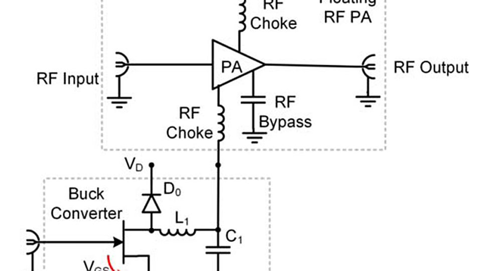 Fig. 1. Schematic of a reverse-type envelope tracking system with reverse buck converter and floating-ground RF power amplifier [3].