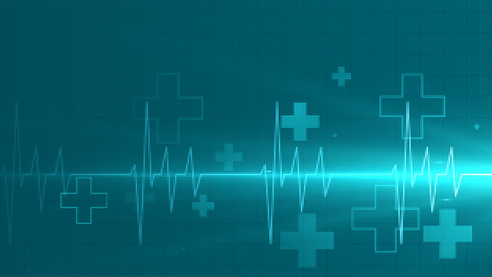 Grafik mit einer Herzstromkurve eines EKGs. Darum lauter Kreuze, die als Schutzzeichen in der Medizin stehen.