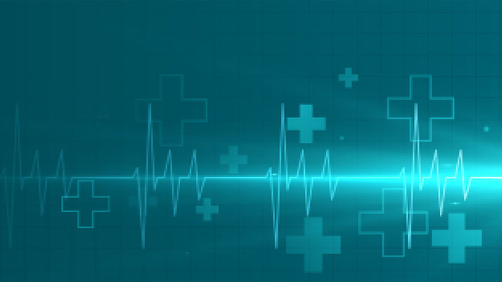 Graphic showing a heart current curve of an ECG. Around it loud crosses, which stand as a protective sign in medicine.