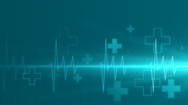 Grafische Darstellung der Herzstromkurve eines EKGs, darum einige Kreuze, die als Schutzzeichen in der Medizin gelten.