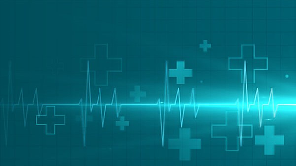 Graphic representation of the heart current curve of an ECG, around it some crosses, which are considered protective signs in medicine.