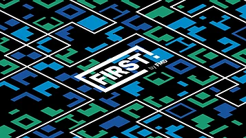 Muster mit geometrischen Formen in Blau und Grün auf schwarzem Hintergrund, mit dem Text "FIRST. by FMD" in der Mitte.