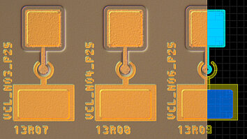 Several electronic components on a single chip. Three marked areas are visible, labelled VCL-M03-P25, VCL-M04-P25 and VCL-M05-P25. The last element is visually divided into two parts and shows the consistency between design and implementation.