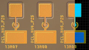 Several electronic components on a single chip. Three marked areas are visible, labelled VCL-M03-P25, VCL-M04-P25 and VCL-M05-P25. The last element is visually divided into two parts and shows the consistency between design and implementation.