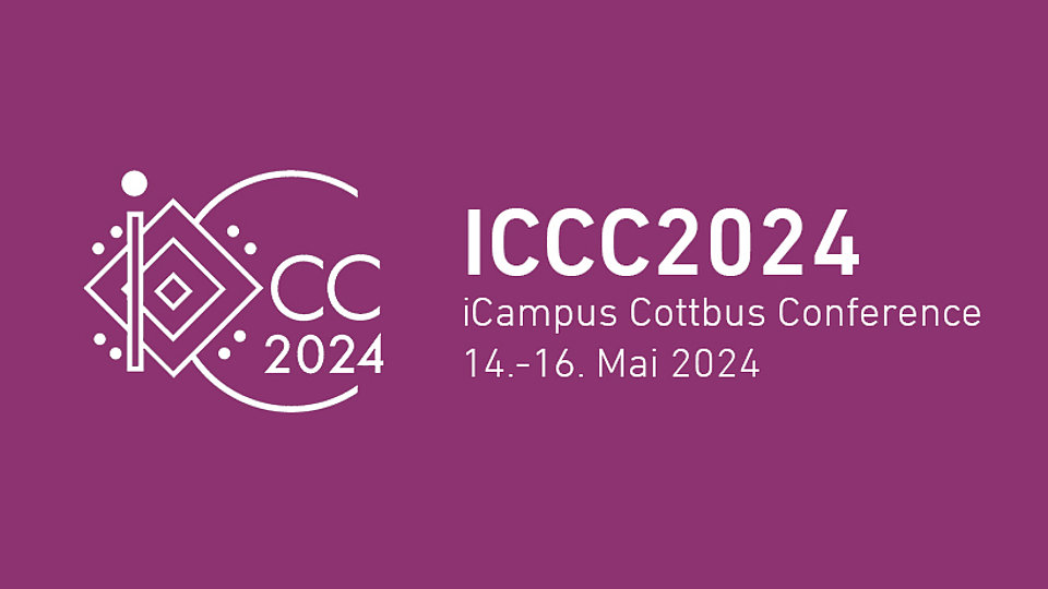 Logo der ICCC 2024, iCampus Cottbus Conference, die vom 14. bis 16. Mai 2024 stattfindet. Das Design enthält grafische Elemente und den Schriftzug „ICCC2024“.