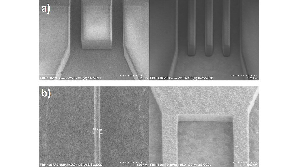 Fig. 1:SEM images showing various writing techniques utilizing the e-beam’s new features to achieve undercut structures (a) or steep sidewalls (b).