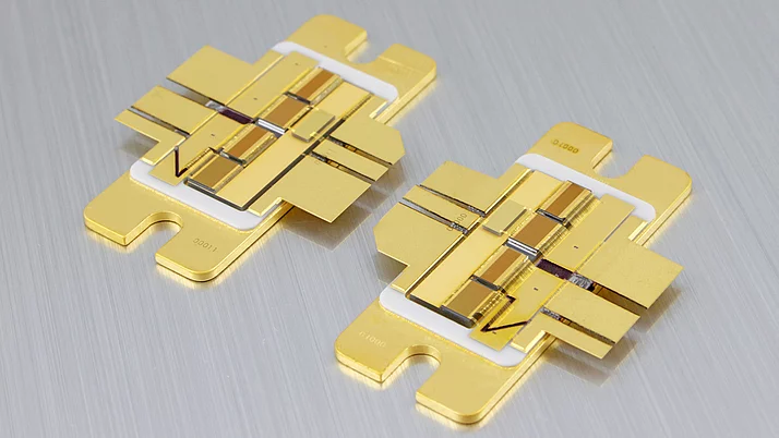 Two gold-colored semiconductor chips are displayed on a reflective surface. Each chip features multiple thin strips and connections.